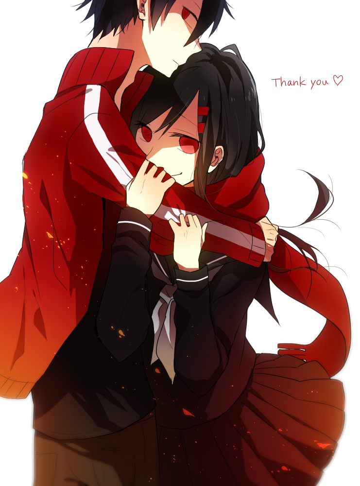 1boy 1girl black_hair black_sailor_collar black_serafuku black_skirt brown_pants closed_mouth english_text hair_ornament hairclip hand_on_another's_arm heart height_difference hug jacket kagerou_project kisaragi_shintarou long_hair long_sleeves looking_away neckerchief pants pecchii pleated_skirt popped_collar red_eyes red_jacket red_scarf sailor_collar scarf school_uniform serafuku shirt short_hair simple_background skirt sleeve_cuffs smile t-shirt tateyama_ayano thank_you track_jacket white_background white_neckerchief yukimaru_(mekakucity-memorys)