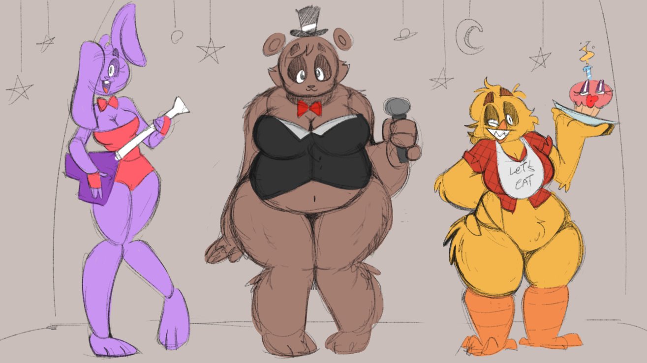 animatronic anthro avian beak bib big_breasts bird bird_feet black_clothing black_topwear bonnie_(fnaf) bootyjam bottomless bow_tie breasts brown_body brown_fur buckteeth chica_(fnaf) chicken cleavage clothed clothing crossgender crotch_tuft cupcake_(fnaf) eyelashes female five_nights_at_freddy's floppy_ears freddy_(fnaf) fur galliform gallus_(genus) grey_background group guitar hand_on_hip hat head_tuft headgear headwear holding_microphone holding_object huge_breasts lagomorph leotard leporid looking_at_viewer lop_ears machine mammal microphone musical_instrument navel one_eye_closed one_eye_obstructed open_mouth overweight overweight_female phasianid pink_clothing pink_leotard playing_guitar playing_music plucked_string_instrument purple_body purple_fur rabbit red_clothing red_shirt red_topwear robot scottgames sharp_teeth shirt simple_background string_instrument teeth thick_thighs toothed_beak top_hat topwear trio tuft ursid video_games wide_hips wink winking_at_viewer yellow_body yellow_fur
