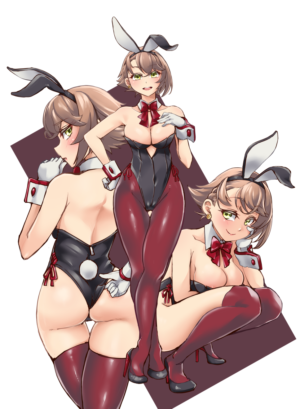 1girl alternate_costume animal_ears ass black_footwear black_hairband black_leotard bow bowtie breasts brown_hair covered_navel detached_collar earrings fake_animal_ears fake_tail flipped_hair gloves green_eyes hairband high_heels highleg highleg_leotard highres jewelry kantai_collection large_breasts leotard mutsu_(kancolle) pantyhose playboy_bunny rabbit_ears rabbit_tail red_bow red_bowtie red_pantyhose red_thighhighs short_hair side-tie_leotard smile strapless strapless_leotard tail thighhighs udukikosuke white_gloves wrist_cuffs