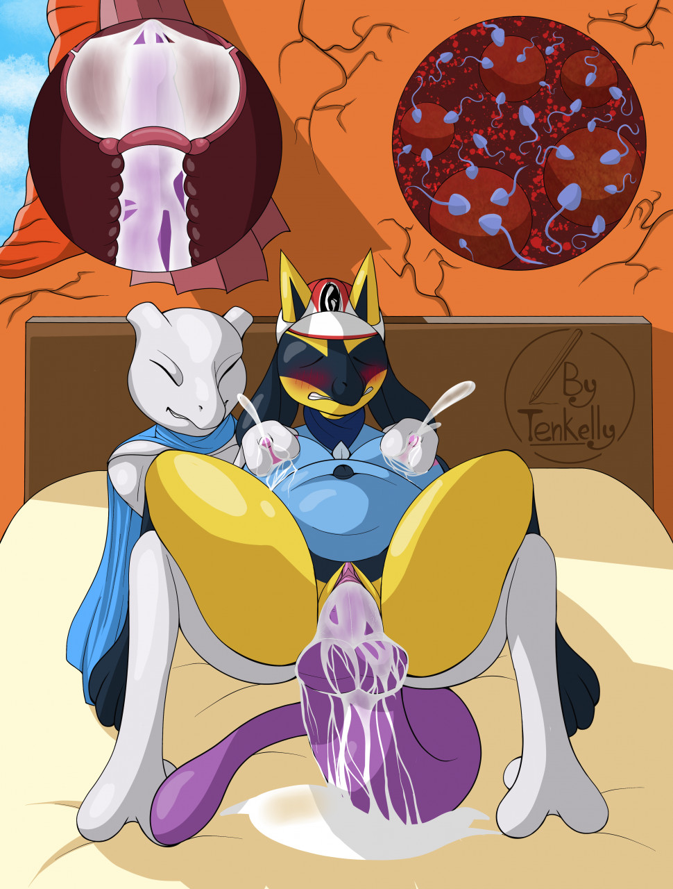 anthro bed big_breasts bodily_fluids breasts cum duo female furniture generation_1_pokemon generation_4_pokemon genital_fluids hi_res lactating legendary_pokemon lucario male male/female mewtwo nintendo pokemon pokemon_(species) tenkelly thick video_games