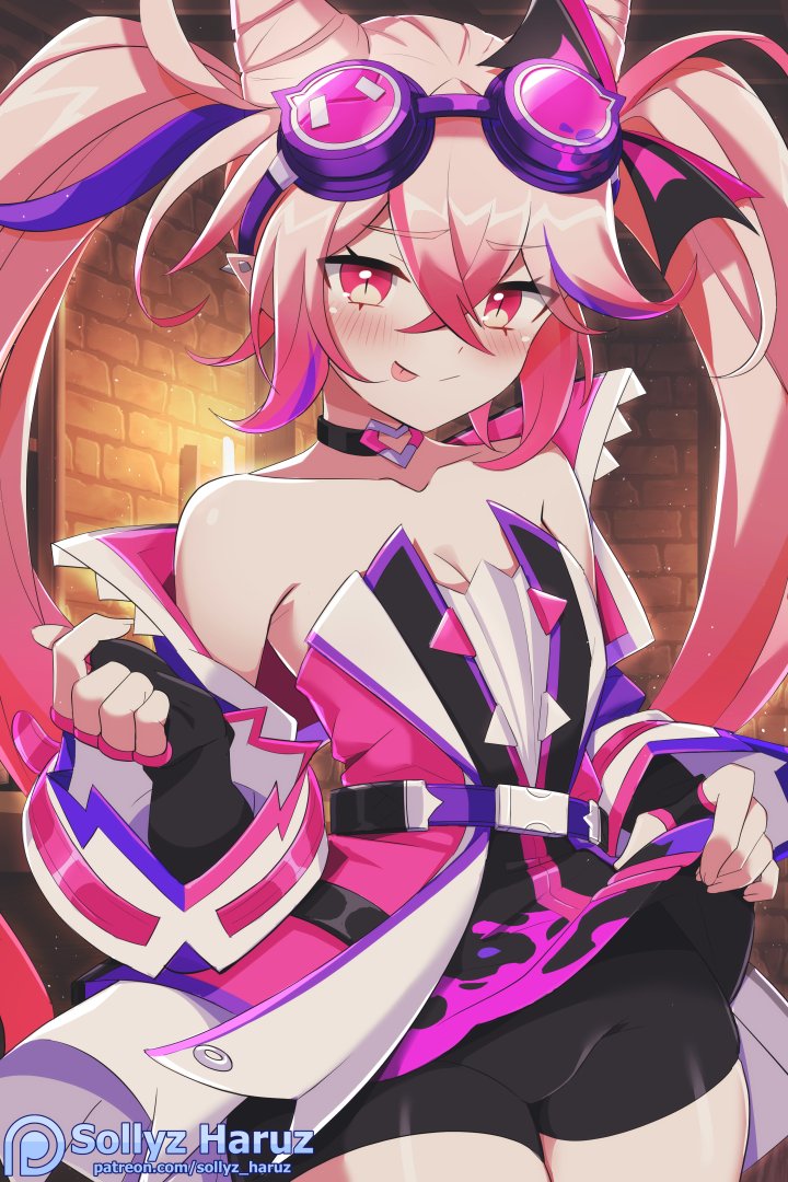 1girl bare_shoulders belt bike_shorts blush breasts choker cleavage clothes_lift collarbone drill_hair elsword fingerless_gloves gloves goggles goggles_on_head heart heart_choker jacket laby_(elsword) pink_eyes pointy_ears ribbon slit_pupils sollyz tongue tongue_out twins_picaro_(elsword) twintails