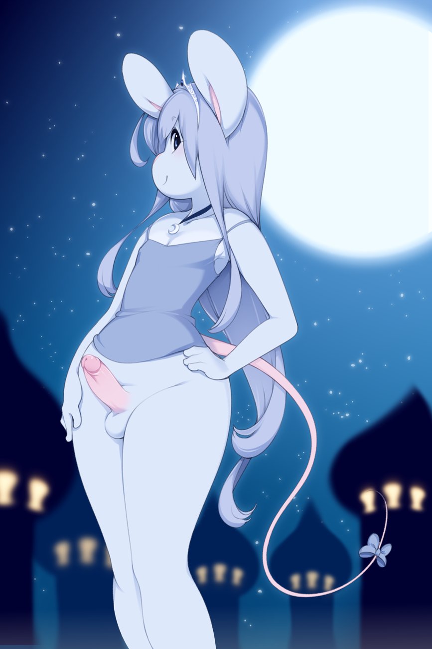 2022 anthro balls blue_body blue_eyes blue_hair blush bottomless clothed clothing genitals girly hair hi_res looking_at_viewer male mammal miu moon mouse murid murine penis rodent smile smiling_at_viewer solo