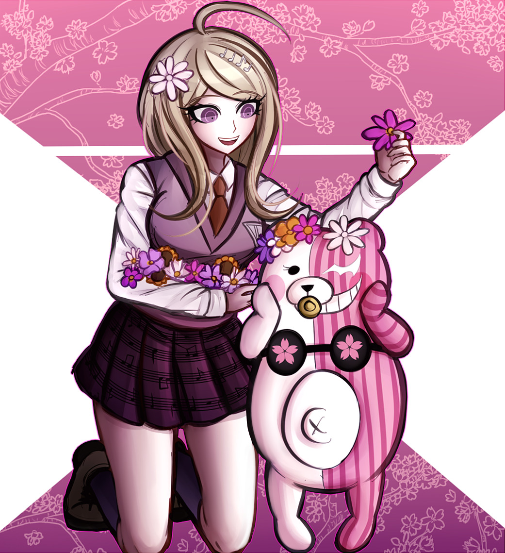 2016 accessory ahoge anthro black_eyes blonde_hair blush blush_stickers bottomless bottomwear bra bra_only clothed clothing coconut coconut_bra danganronpa digital_media_(artwork) dress_shirt drupe_(fruit) duo empty_eyes eyebrows eyelashes featureless_crotch female floral_background flower flower_crown flower_in_hair flower_on_head food footwear fruit fully_clothed genetic_chimerism grin hair hair_accessory hairpin holding_flower holding_object human kaede_akamatsu kneeling ktokei light_body light_skin long_hair looking_at_another mammal monokubs monophanie navel necktie open_mouth open_smile pacifier pink_background pink_body pink_stripes plant print_bottomwear print_clothing print_skirt purple_eyes shirt shoes simple_background size_difference skirt smile socks split_color striped_body stripes teeth tongue topwear underwear underwear_only ursid vest white_background white_body