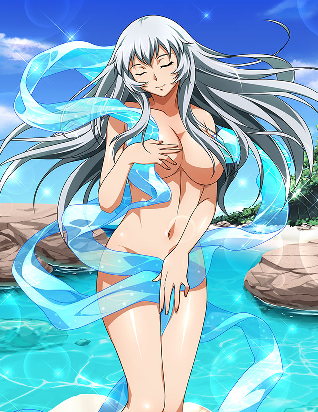 1girl blue_sky breasts chouun_shiryuu cleavage closed_eyes closed_mouth cloud collarbone day facing_viewer fine_art_parody floating_hair grey_hair groin hair_censor hair_over_breasts head_tilt ikkitousen large_breasts lens_flare long_hair navel nude outdoors parody shiny shiny_hair shiny_skin sky smile solo sparkle straight_hair very_long_hair