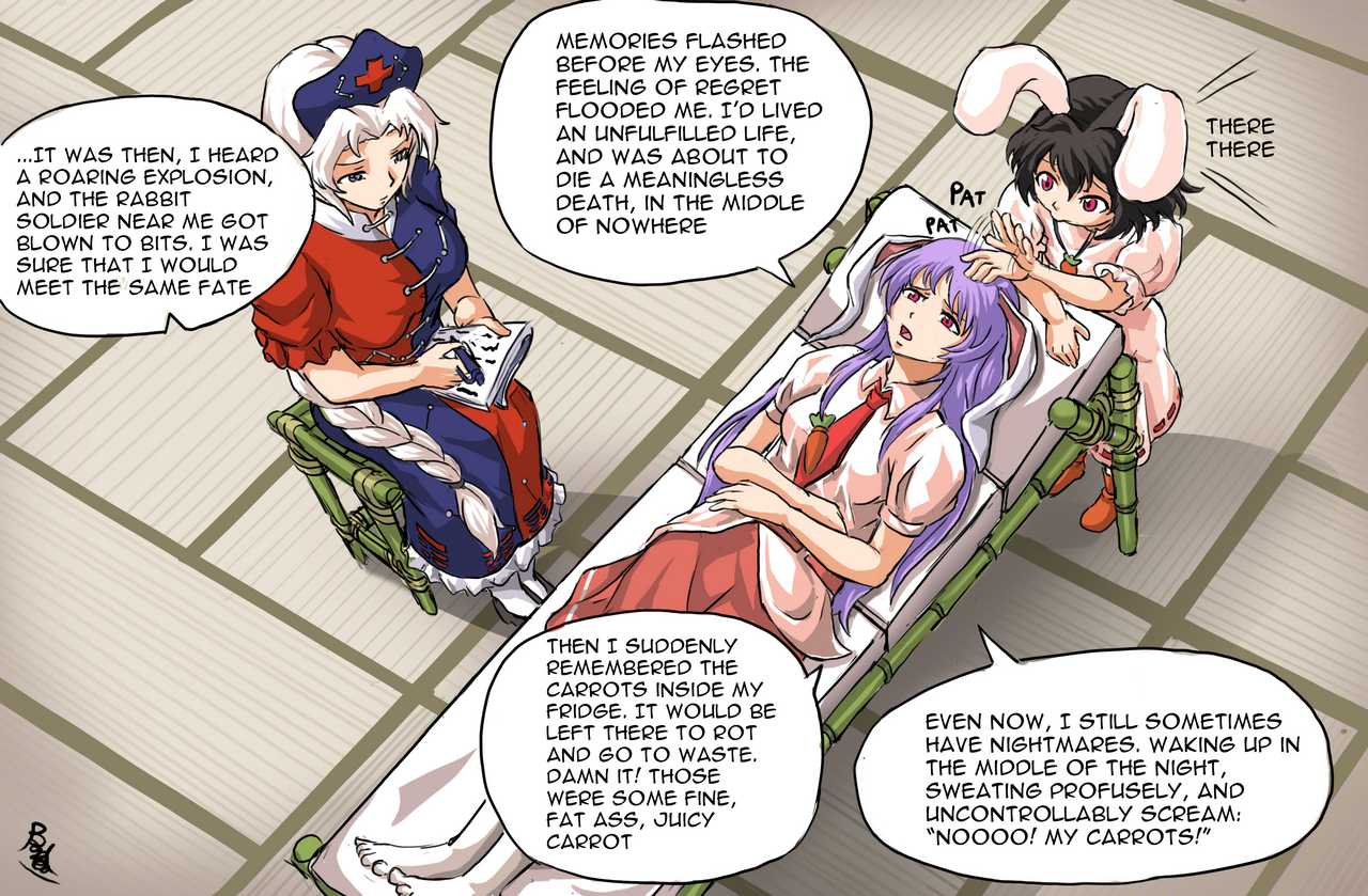 3girls animal_ears buhbuhbored carrot_necklace collared_shirt dress floppy_ears frilled_sleeves frills hat headpat inaba_tewi jewelry light_purple_hair long_hair multiple_girls necklace necktie non-web_source notepad nurse_cap pink_dress puffy_short_sleeves puffy_sleeves purple_hair rabbit_ears red_eyes red_necktie reisen_udongein_inaba ribbon-trimmed_dress self_upload shirt short_hair short_sleeves skirt touhou white_shirt yagokoro_eirin