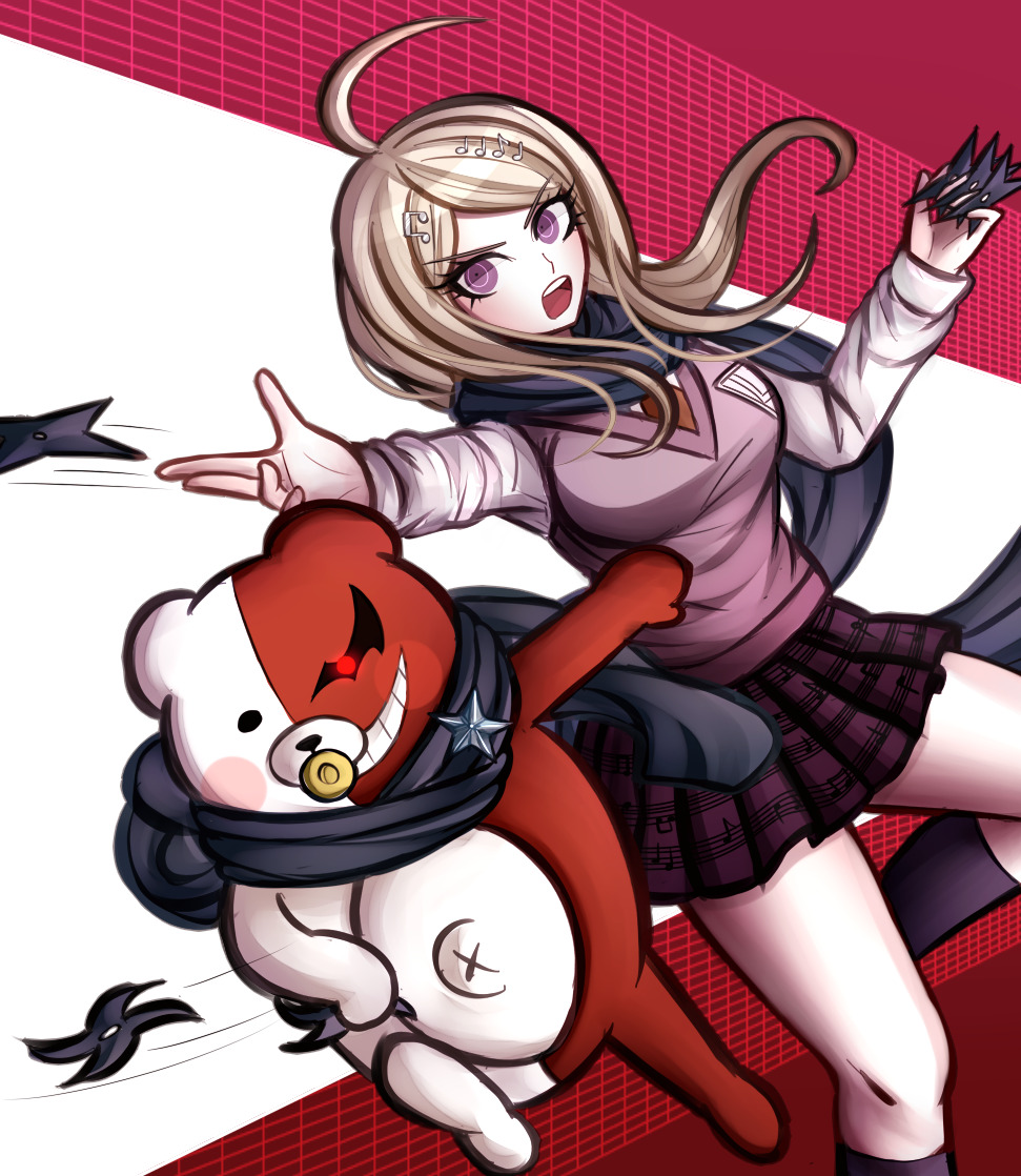 2016 accessory ahoge ambiguous_gender anthro black_eyes blonde_hair blush blush_stickers bottomwear breasts clothed clothing danganronpa digital_media_(artwork) duo eyebrows eyelashes featureless_crotch footwear fully_clothed genetic_chimerism geometric_background grid_background grin hair hair_accessory hairpin holding_object holding_weapon human kaede_akamatsu knee_highs knee_socks ktokei legwear light_body light_skin mammal monokubs monotaro mostly_nude motion_lines navel open_mouth pacifier pattern_background print_bottomwear print_clothing print_skirt purple_eyes ranged_weapon red_background red_body scarf scarf_only shuriken simple_background size_difference skirt smile socks split_color teeth tongue topwear ursid vest weapon white_background white_body