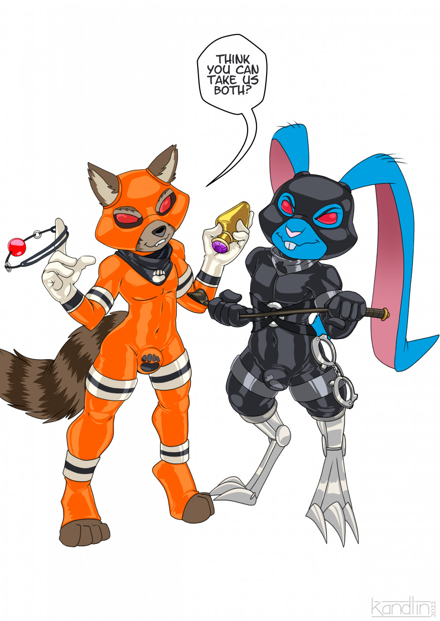 2022 anthro ball_gag bdsm biped blackjack_o'hare blue_body blue_fur bodysuit brown_body brown_fur buckteeth bulge buttplug clothed clothing cuff_(restraint) dialogue digital_drawing_(artwork) digital_media_(artwork) duo english_text fur gag gagged glistening guardians_of_the_galaxy handcuffs harness hi_res kandlin lagomorph leporid long_ears looking_at_viewer male mammal marvel metal_cuffs neckerchief orange_clothing pink_nose plug_(sex_toy) procyonid rabbit raccoon red_eyes restraints riding_crop rocket_raccoon rubber sex_toy simple_background skinsuit smile teeth text tight_clothing whip white_background