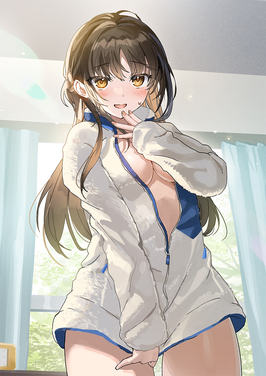 1girl bangs blush breasts brown_hair commentary_request cowboy_shot curtains day hair_between_eyes hand_up highres indoors jacket large_breasts long_hair long_sleeves looking_at_viewer open_clothes open_jacket open_mouth original partially_unzipped shirt solo standing sweat tan_(tangent) tree white_jacket window yellow_eyes