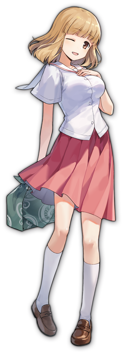1girl arm_at_side arm_behind_back artist_request bangs blonde_hair breasts brown_eyes brown_footwear fukuji_mihoko full_body hand_on_own_chest hand_up head_tilt holding kneehighs large_breasts legs_apart loafers looking_at_viewer mahjong_soul medium_hair official_art one_eye_closed open_mouth pink_skirt pleated_skirt sailor_collar saki shirt shoes short_sleeves skirt smile socks solo standing tachi-e transparent_background white_shirt white_socks