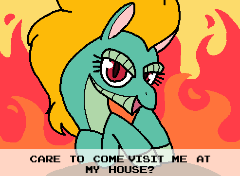 2019 anonymous_artist asian_mythology banned_from_equestria chinese_mythology dialogue digital_media_(artwork) east_asian_mythology english_text equid female feral fire flaming_hair flaming_mane full-length_portrait green_body green_hooves green_scales hooves inviting inviting_home longma looking_at_viewer low_res mammal mythology open_mouth open_smile pixel_(artwork) portrait pseudo_hair pseudo_mane pupils red_eyes scales scalie slit_pupils smile solo style_parody text them's_fightin'_herds tianhuo_(tfh) video_games