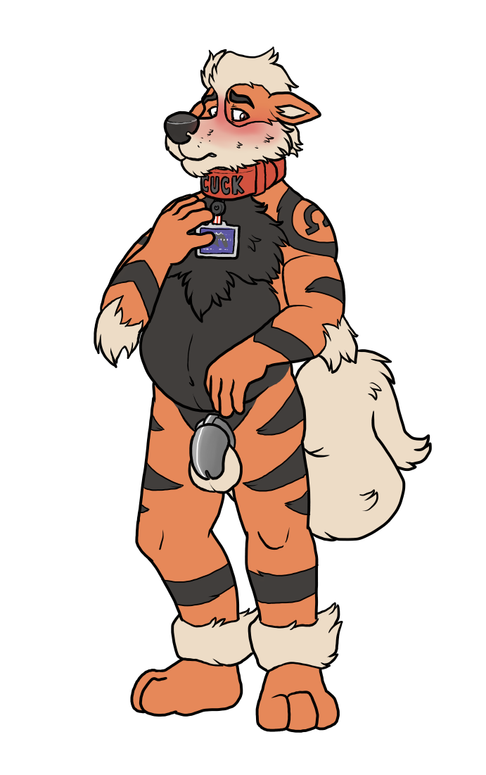 2022 anthro anthrofied arcanine balls biped black_body black_fur black_nose blueballs blush canid canine chastity_cage chastity_device chest_tuft collar credit_card digital_drawing_(artwork) digital_media_(artwork) embarrassed english_text fur generation_1_pokemon genitals humiliation male mammal multicolored_body multicolored_fur nintendo orange_body orange_fur pokemon pokemon_(species) pokemorph red_collar simple_background slightly_chubby slightly_chubby_anthro slightly_chubby_male solo text tuft video_games white_background