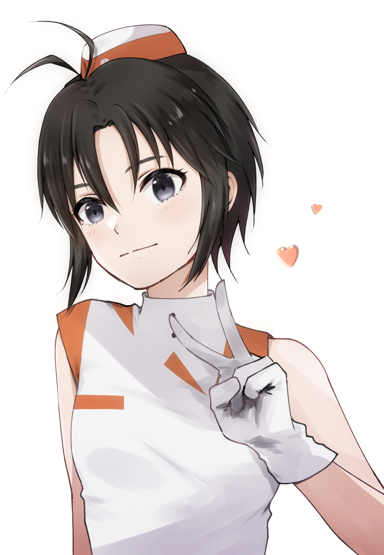 1girl :| antennae bangs black_eyes black_hair breasts closed_mouth commentary dress garrison_cap gloves hair_between_eyes hat heart idolmaster idolmaster_(classic) idolmaster_2 idolmaster_million_live! idolmaster_million_live!_theater_days kikuchi_makoto light_blush looking_at_viewer mogskg orange_dress orange_headwear short_hair simple_background sleeveless sleeveless_dress small_breasts solo symbol-only_commentary two-tone_dress two-tone_headwear upper_body voy@ger_(idolmaster) white_background white_dress white_gloves white_headwear