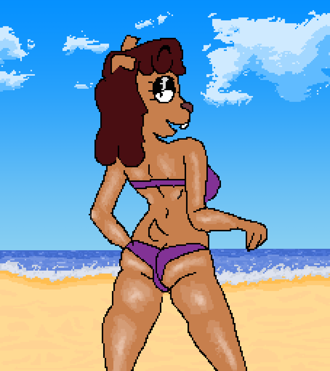 beach bikini brown_body butt canid canine canis carla_(ok_k.o.!_lbh) cartoon_network clothing domestic_dog eyeliner female glistening glistening_body half-closed_eyes hi_res khristos looking_at_viewer looking_back makeup mammal narrowed_eyes ok_k.o.!_let's_be_heroes sand seaside sky smile smiling_at_viewer solo swimwear water