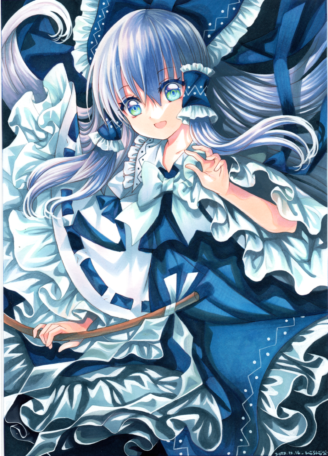 1girl :d alternate_color ascot bangs blue_bow blue_eyes blue_skirt blue_vest bow detached_sleeves floating_hair frilled_bow frills gohei hair_between_eyes hair_bow hair_tubes hakurei_reimu hand_up highres holding holding_stick long_hair mosho petticoat player_2 ribbon-trimmed_sleeves ribbon_trim skirt smile solo stick touhou traditional_media very_long_hair vest wide_sleeves