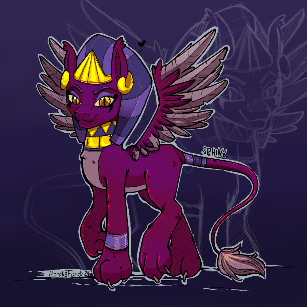 1:1 claws clothing digital_media_(artwork) ear_piercing ear_ring ear_tuft eyebrows eyeshadow feathered_wings feathers felid female feral friendship_is_magic fur gold_(metal) hasbro headdress headgear headwear long_tail looking_at_viewer makeup mammal my_little_pony mythological_sphinx mythology piercing pupils purple_background purple_body purple_eyeshadow purple_feathers purple_fur redi ring_piercing signature simple_background slit_pupils smile solo sphinx_(mlp) spread_wings tail_tuft toe_claws tuft wings yellow_eyes