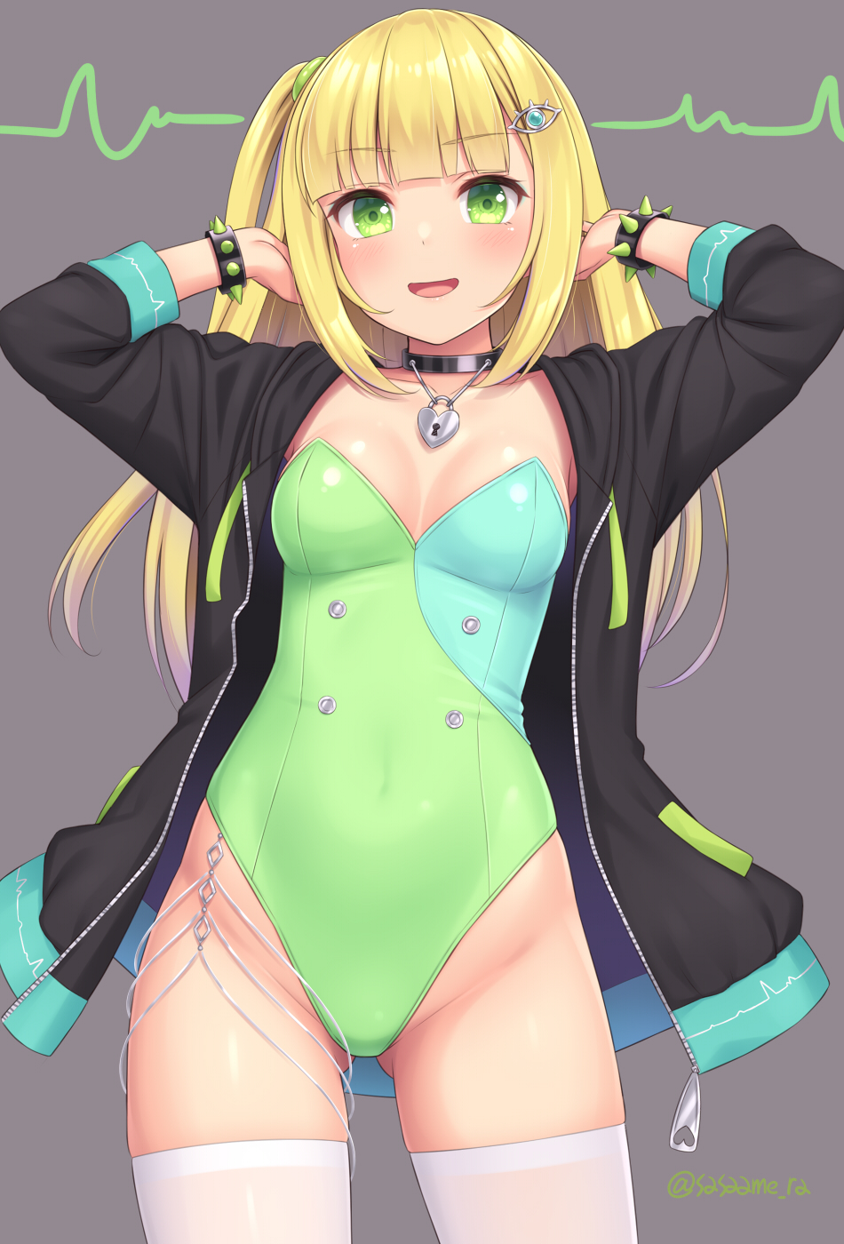 :d aqua_leotard ass_visible_through_thighs bangs blonde_hair blunt_bangs bracelet breasts cowboy_shot green_eyes green_leotard greyscale hair_ornament highres jacket jewelry leotard locket looking_at_viewer medium_breasts monochrome open_clothes open_jacket original pendant sasaame simple_background smile spiked_bracelet spikes strapless strapless_leotard thighhighs twitter_username white_thighhighs