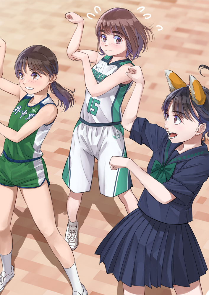3girls animal_ears ankle_socks bangs basketball basketball_court basketball_uniform black_hair black_sailor_collar black_shirt black_skirt blush bob_cut bow bowtie breasts brown_eyes cat_ears closed_mouth commentary dancing dolphin_shorts embarrassed fake_animal_ears feet_out_of_frame floating_hair flying_sweatdrops full_body green_bow green_bowtie green_shirt green_shorts grin jersey long_hair looking_ahead looking_at_another multiple_girls naoetsu_high_school_uniform nose_blush open_mouth original otsu_natsu parted_lips paw_pose pleated_skirt ponytail sailor_collar school_uniform serafuku shirt shoes short_hair short_shorts shorts skirt sleeveless sleeveless_shirt sleeves_rolled_up small_breasts smile sneakers socks sportswear spread_legs standing thick_eyebrows track_uniform white_footwear white_shirt white_shorts white_socks wooden_floor