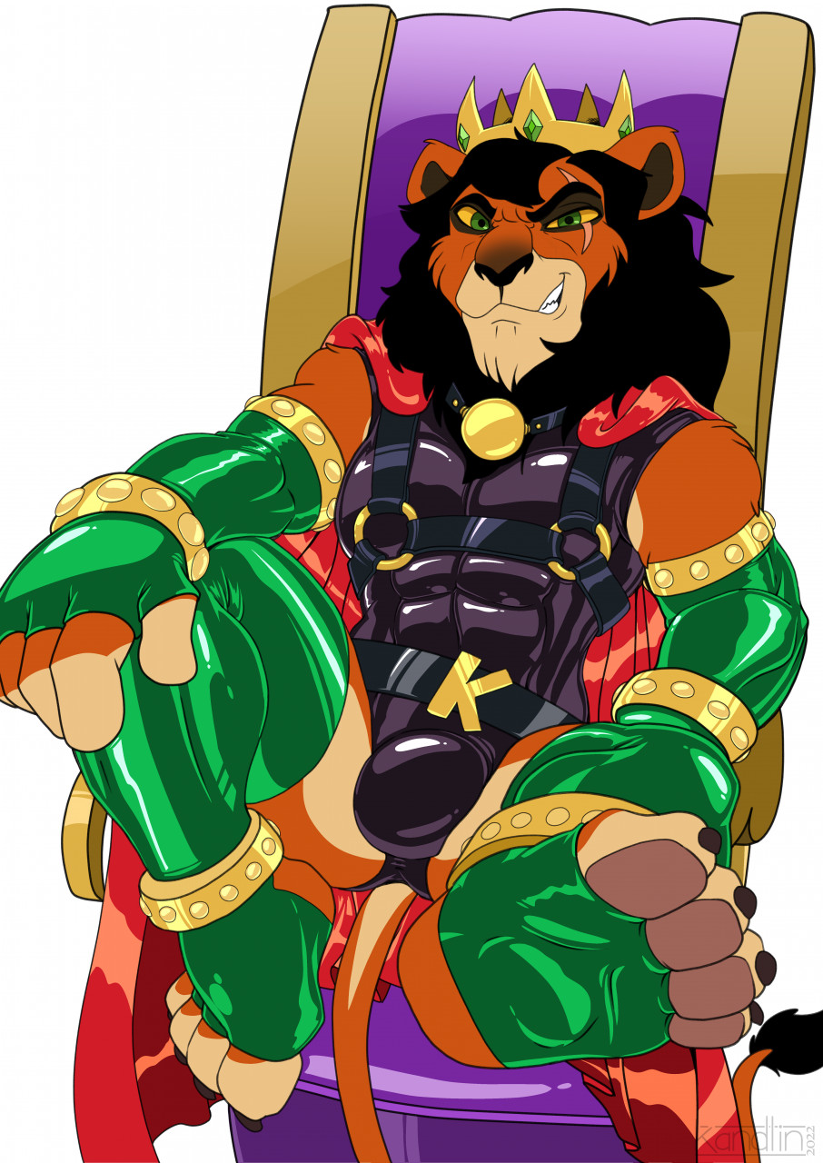 2022 4_toes abs anthro armwear ball_gag bdsm big_bulge biped black_clothing black_mane bodysuit brown_body brown_fur bulge cape claws clothed clothing crown digital_drawing_(artwork) digital_media_(artwork) disney feet foot_focus fur gag gem glistening green_clothing green_eyes harness hi_res kandlin leggings legwear leotard looking_at_viewer male mammal mane muscular muscular_male red_clothing rubber scar scar_(the_lion_king) simple_background skinsuit smile smirk solo the_lion_king tight_clothing toe_claws toes toony white_background yellow_ball_gag yellow_gag yellow_sclera