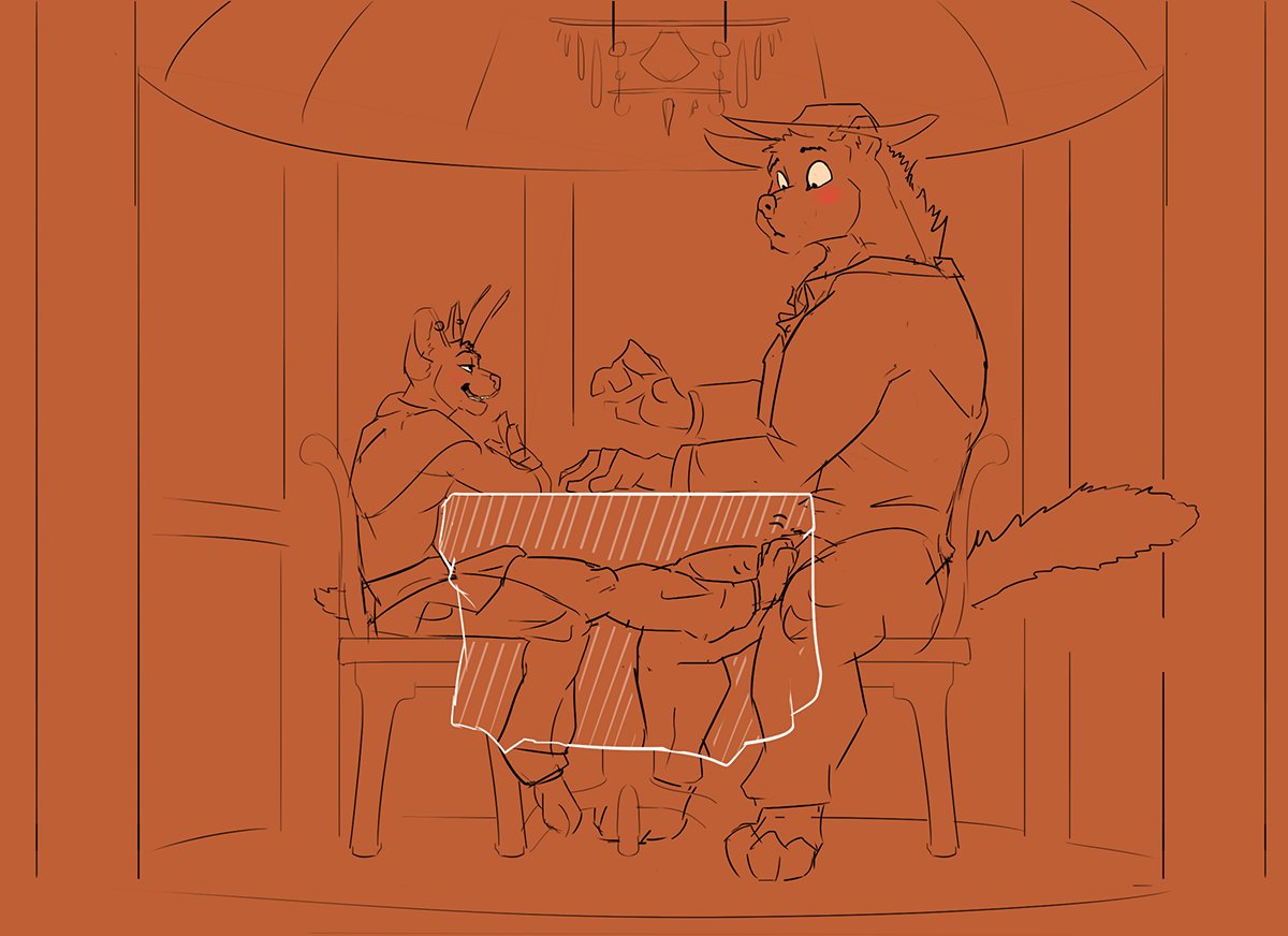 anthro bulge bulge_rubbing clothed clothing cricket_talot dungeons_and_dragons duo fek felid fully_clothed gazebo gnoll hasbro hat headgear headwear male male/male mammal restaurant surprise tabaxi tablecloth thacharay_weeds through_clothing under_table_footjob wizards_of_the_coast