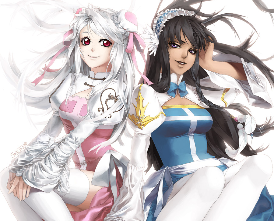 2girls arch_bishop_(ragnarok_online) bangs black_hair blue_bow blue_bowtie blue_dress bow bowtie breasts bun_cover cleavage_cutout closed_mouth clothing_cutout commentary commission cross double_bun dress english_commentary feet_out_of_frame hair_bun heart heart_print juliet_sleeves long_hair long_sleeves looking_at_viewer medium_breasts multiple_girls parted_lips pink_dress puffy_sleeves purple_eyes ragnarok_online red_eyes shilin sitting smile tan thighhighs two-tone_dress white_dress white_hair white_thighhighs