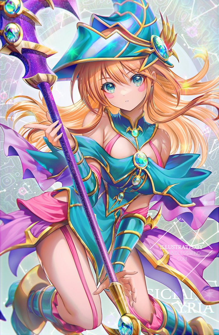 1girl blonde_hair blush_stickers boots breasts cleavage commentary duel_monster english_commentary gem green_eyes hair_between_eyes hat holding holding_staff kaze-hime long_hair magician's_valkyria parted_lips solo staff watermark wizard_hat yu-gi-oh!