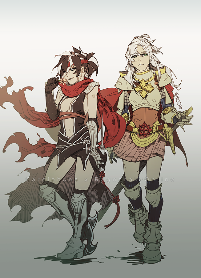 2girls armor armored_boots assassin_cross_(ragnarok_online) bangs black_cape black_gloves black_hair black_leotard black_socks blackbird blackbird_(shilin) boots breastplate breasts cape carciphona commentary cross dagger elbow_gloves english_commentary expressionless full_body gauntlets gloves green_eyes grin hair_between_eyes high_heel_boots high_heels holding holding_dagger holding_knife holding_sword holding_weapon ice_pick kneehighs knife leotard long_hair looking_at_viewer lord_knight_(ragnarok_online) medium_breasts miniskirt multicolored_hair multiple_girls navel parted_lips pauldrons photoshop_(medium) pink_skirt ragnarok_online red_cape red_scarf revealing_clothes reverse_grip scabbard scarf sheath shilin shoulder_armor skirt smile socks sword torn_cape torn_clothes torn_scarf two-tone_hair vambraces veloce_visrin waist_cape weapon white_hair