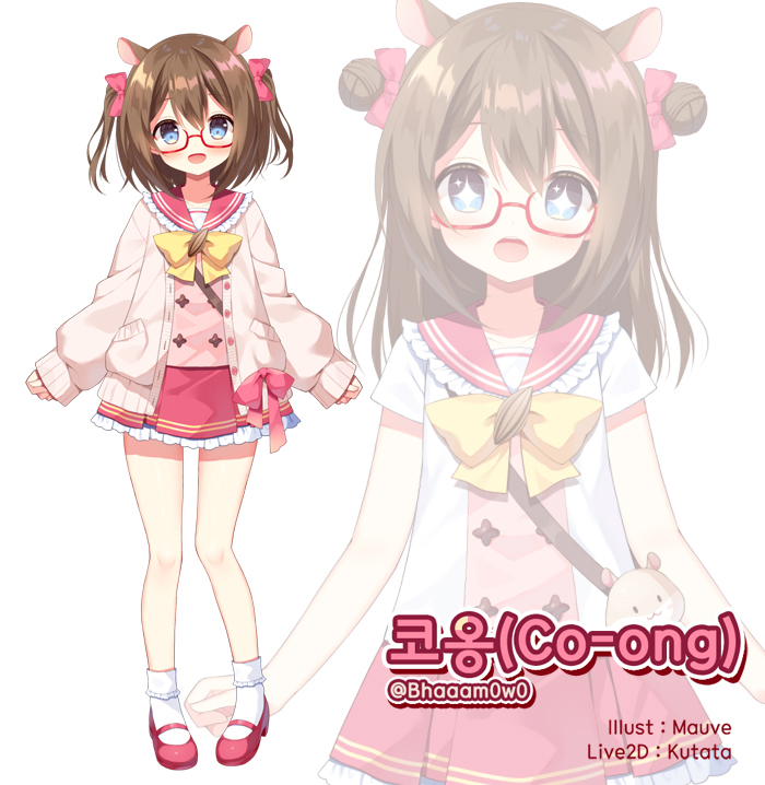 +_+ 1girl :d :o animal_ears blue_eyes blush bobby_socks bow brown_cardigan brown_hair cardigan character_name co-ong_(vtuber) commentary_request double_bun frilled_sailor_collar frilled_skirt frills glasses hair_bow hair_bun hamster_ears indie_virtual_youtuber korean_commentary long_hair long_sleeves mauve multiple_views open_cardigan open_clothes pink_bow puffy_long_sleeves puffy_sleeves red-framed_eyewear red_footwear red_sailor_collar red_skirt sailor_collar shirt shoes short_sleeves simple_background skirt sleeves_past_wrists smile socks two_side_up virtual_youtuber white_background white_shirt white_socks