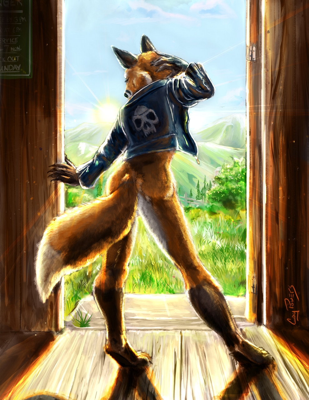 2022 anthro biker_jacket biped black_body black_ears black_fur black_nose bone bottomless butt canid canine canis claws clothed clothing cloud cloudscape coypowers digital_drawing_(artwork) digital_media_(artwork) dipstick_tail doorway english_text eyebrows eyelashes eyes_closed female finger_claws fingers fox fur grass hand_behind_head hi_res jacket jacket_only leather leather_clothing leather_jacket leather_topwear light mammal markings mostly_nude multicolored_body multicolored_fur orange_body orange_fur pinup plant pose rear_view seductive shadow sign skull skull_on_clothing skull_symbol sky solo standing sunlight tail_markings text toe_claws topwear tree white_body white_fur white_tail_tip wood wood_floor