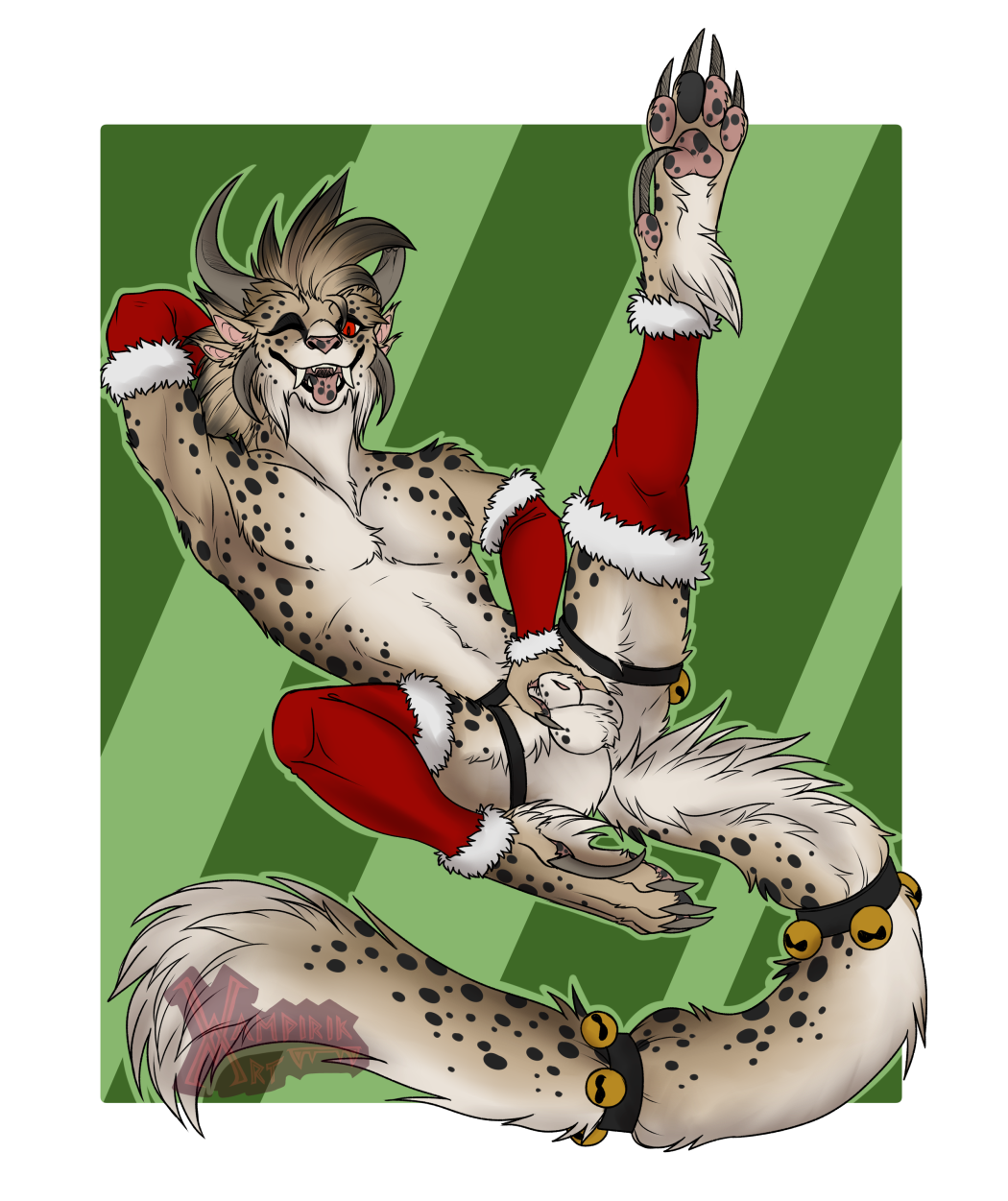 2022 4_ears 4_horns anthro arm_warmers armwear balls biped black_body black_fur charr christmas christmas_clothing claws clothing dewclaw digital_media_(artwork) digitigrade fangs felid finger_claws fluffy fluffy_tail fur genitals girly green_tail guild_wars hair hand_behind_head hi_res holidays horn leg_warmers legwear looking_at_viewer male mammal mottled mottled_nose mottled_pawpads mottled_tongue multi_ear multi_horn one_eye_closed pawpads paws raised_leg red_eyes solo tan_body tan_fur tan_hair tongue tongue_out vampirika video_games white_balls white_body white_fur white_sheath wink winking_at_viewer