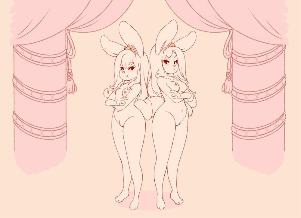 2022 anthro areola blush breasts crossed_arms crown duo female genitals lagomorph leporid looking_at_viewer mammal miu monochrome navel nipples nude princess pussy rabbit royalty simple_background