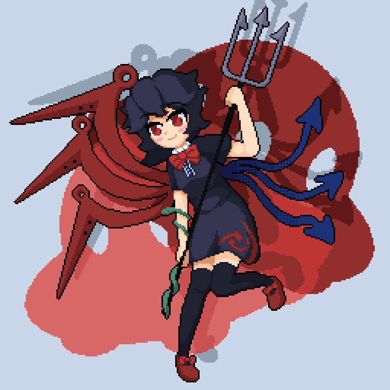 1girl :3 asymmetrical_wings black_dress black_hair black_thighhighs blue_wings bow closed_mouth dress english_commentary fds_ty footwear_bow full_body houjuu_nue looking_at_viewer pixel_art polearm red_eyes red_footwear red_wings short_hair smile snake_armband solo thighhighs touhou trident ufo weapon wings