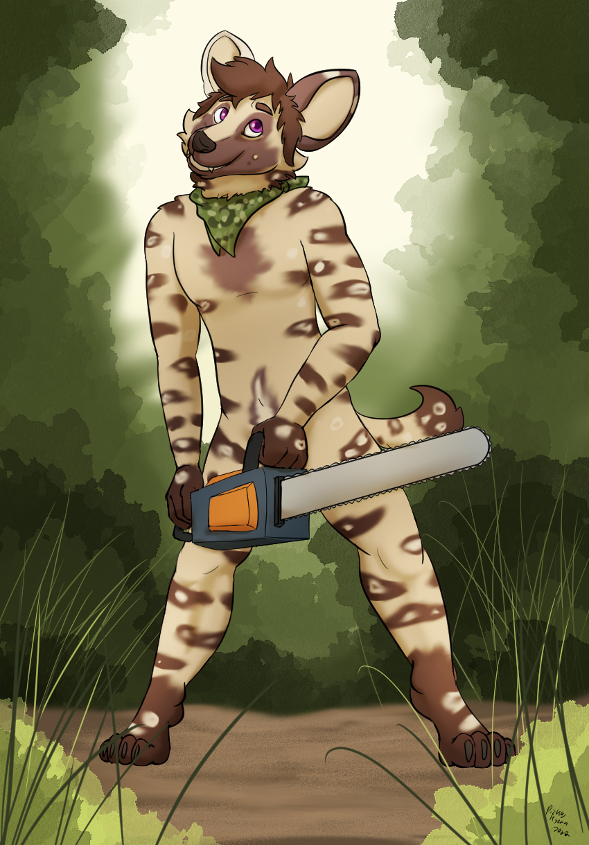 african_wild_dog anthro canid canine casual_nudity chainsaw chip_(pickles-hyena) convenient_censorship hi_res hybrid hyena kerchief kerchief_only male mammal nude pickles-hyena power_tool solo tools
