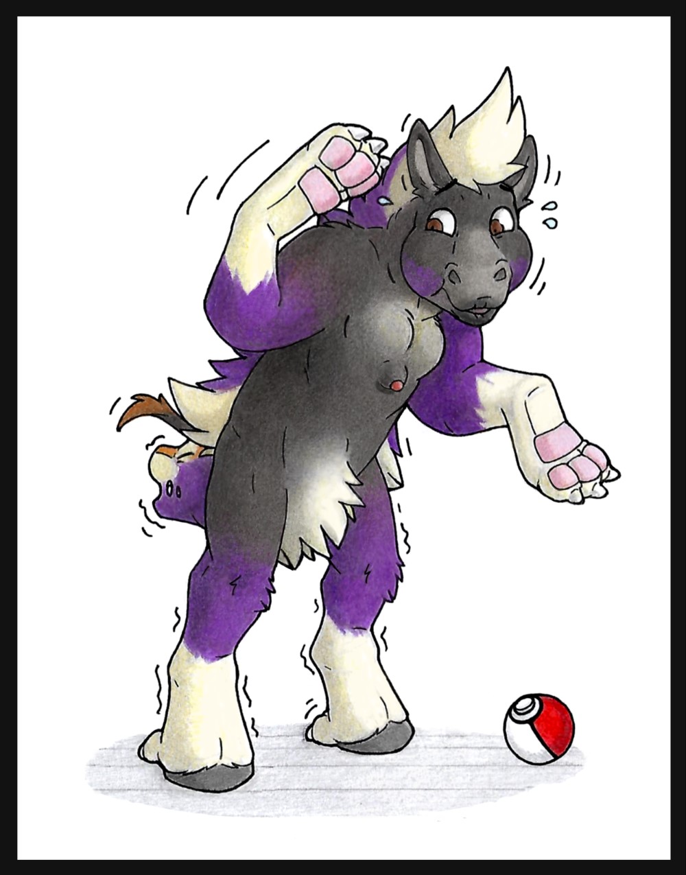 2021 3_toes anthro anthro_to_feral anus asinus ball_growth balls barefoot black_body black_border black_fur border brown_body brown_eyes brown_fur butt_transformation claws countershade_tail countershading danwolf15 digitigrade donkey equid equine feet feral fur generation_4_pokemon genital_growth genitals gloves_(marking) growth hi_res leg_markings male mammal markings motion_lines nintendo nude open_mouth pawpads penis penis_growth pink_pawpads pokeball pokemon pokemon_(species) purple_body purple_fur shaking simple_background skuntank socks_(marking) species_transformation tail_tuft toe_claws toes transformation tuft udtf video_games white_background white_body white_fur