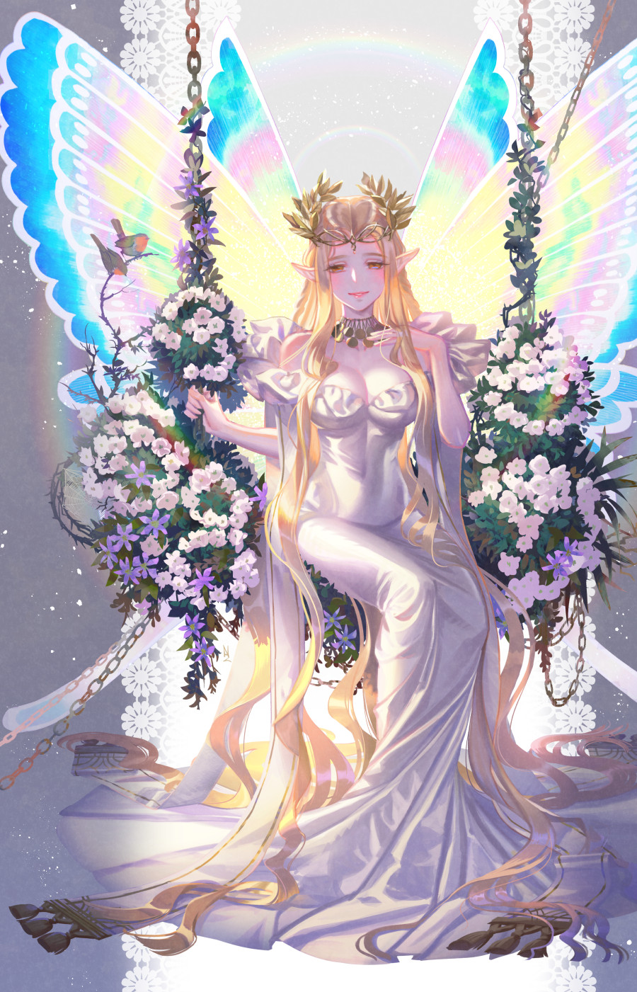 1girl aurora_(fate) bangs bird blonde_hair breasts butterfly_wings chain cleavage commentary covered_navel dress fate/grand_order fate_(series) flower flower_swing full_body grey_background hand_on_own_chest head_wreath highres jewelry light_particles lips long_dress long_hair looking_at_viewer mermaid_dress na222222 necklace off-shoulder_dress off_shoulder parted_bangs parted_lips pointy_ears purple_flower sitting smile solo stole tassel thorns very_long_hair wavy_hair white_dress white_flower wings yellow_eyes