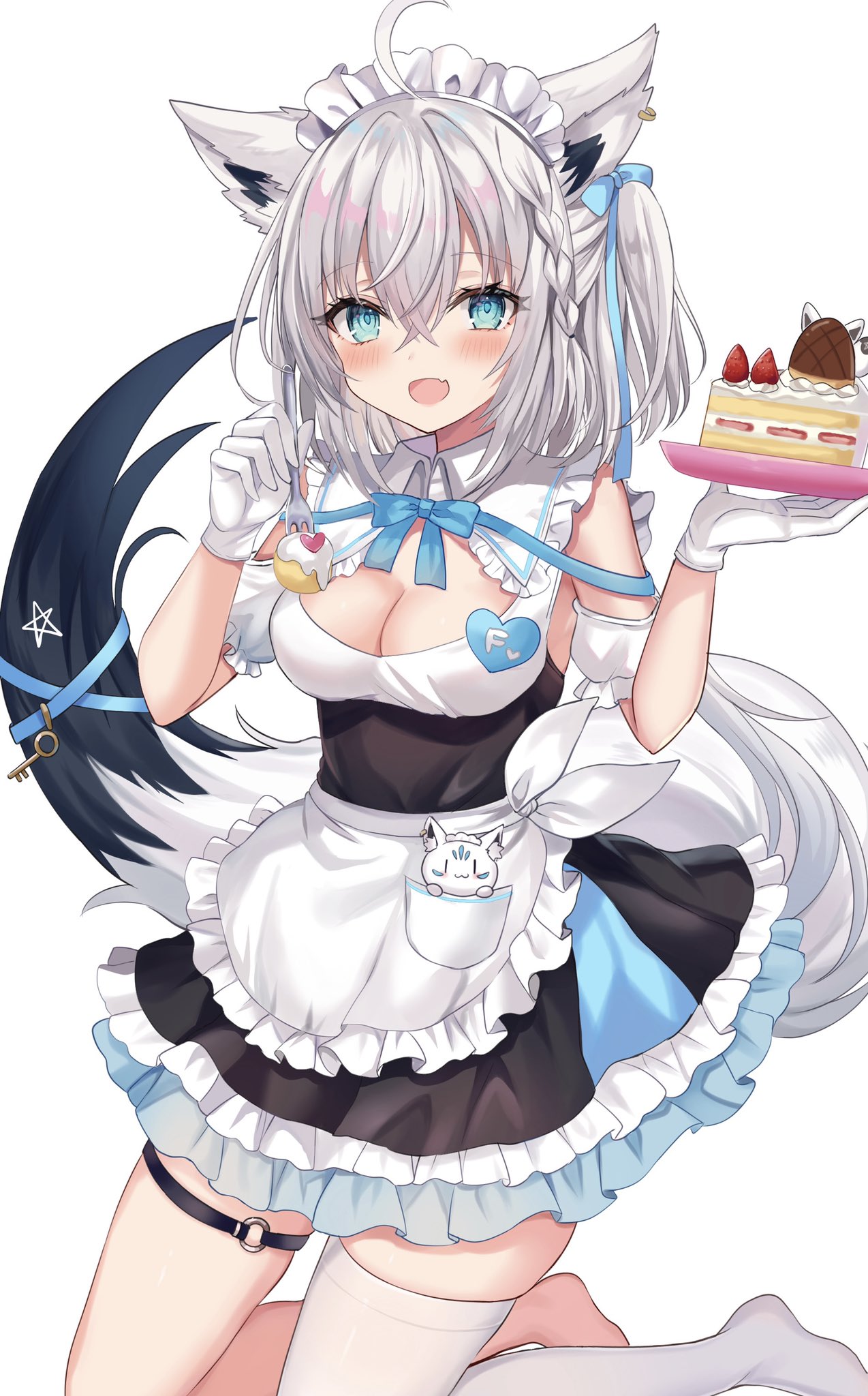 1girl ahoge alternate_costume animal_ear_fluff animal_ears apron bangs black_dress blush braid breasts cake cake_slice cleavage commentary_request dress earrings enmaided fang food fork fox_ears fox_girl fox_tail gloves green_eyes hair_between_eyes hair_ribbon highres holding holding_fork holding_plate hololive jewelry key kneeling looking_at_viewer maid maid_apron maid_headdress medium_breasts one_side_up open_mouth oruyanke_(shirakami_fubuki) pentagram plate retsuto ribbon shirakami_fubuki short_hair sidelocks simple_background single_braid single_thighhigh skin_fang sleeveless sleeveless_dress sukonbu_(shirakami_fubuki) tail tail_ornament tail_ribbon thigh_strap thighhighs virtual_youtuber white_background white_gloves white_hair white_thighhighs