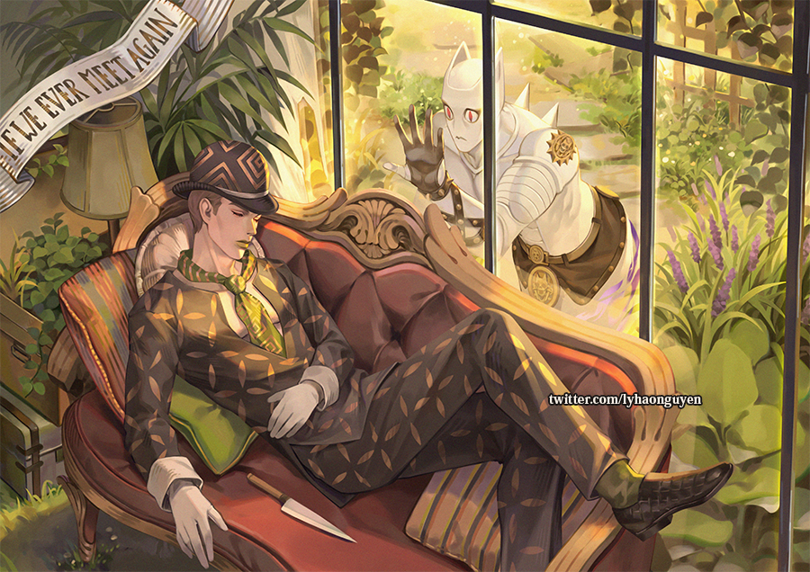 black_footwear black_headwear black_pants bowler_hat closed_eyes couch day dead_man's_questions english_commentary english_text gloves green_necktie green_socks hand_on_window hat indoors jojo_no_kimyou_na_bouken killer_queen kira_yoshikage kira_yoshikage_(jojolion) knife lamp ly_hao_nguyen lying necktie on_back pants pink_eyes plant shoes slit_pupils socks twitter_username web_address white_gloves window yaoi