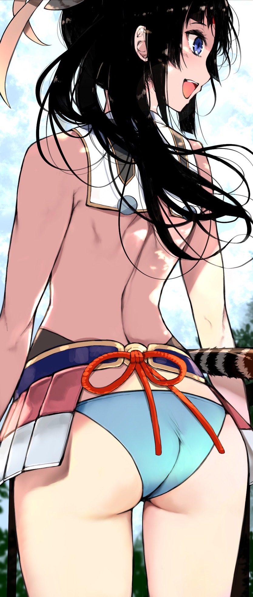 1girl :d ass bangs bikini black_hair blue_bikini blue_eyes blue_sky cloud cloudy_sky commentary_request day fate/grand_order fate_(series) from_behind groin highres long_hair looking_away looking_to_the_side outdoors sky smile solo swimsuit topless ushiwakamaru_(fate) ushiwakamaru_(swimsuit_assassin)_(fate) venomrobo
