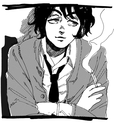 1boy blazer cigarette collared_shirt crossed_arms dress_shirt greyscale half-closed_eyes holding holding_cigarette jacket kaneoya_sachiko looking_to_the_side lowres male_focus monochrome original shirt smile solo upper_body wavy_hair