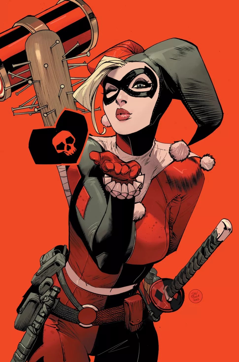 1girl bangs belt black_bodysuit black_headwear blowing_kiss bodysuit club_(weapon) cowboy_shot dan_mora dc_comics eye_mask hammer hand_up harley_quinn hat heart highres jester jester_cap katana o-ring one_eye_closed pouch red_background red_bodysuit red_headwear red_lips simple_background skull smile solo spiked_club sword weapon