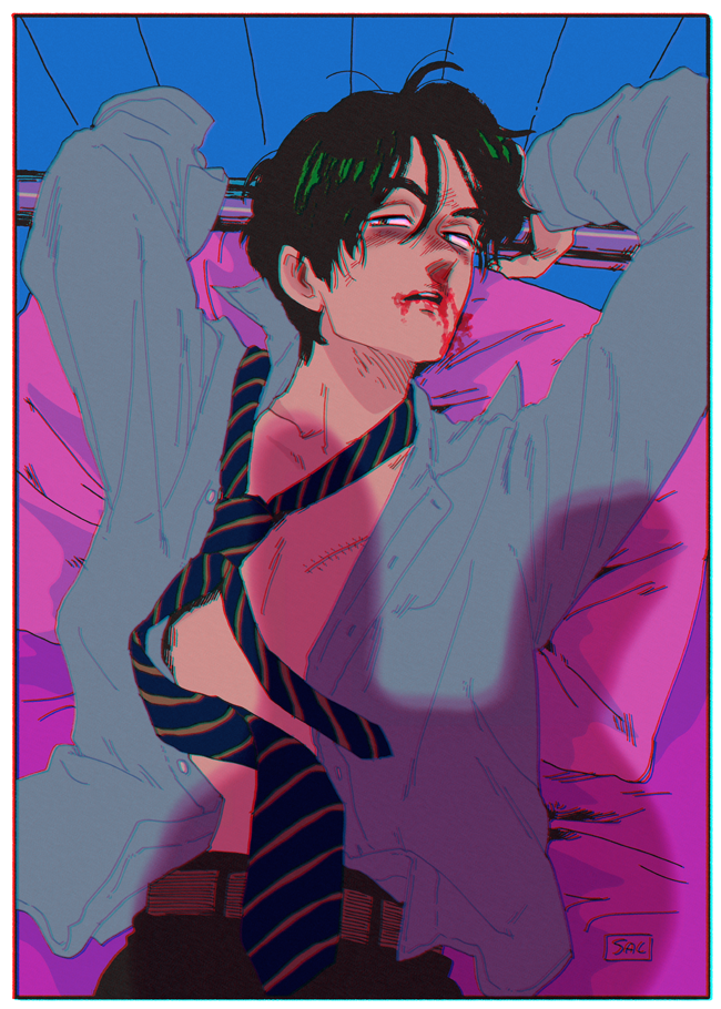 1boy arms_up black_hair blood blood_on_face collared_shirt dress_shirt from_above half-closed_eyes kaneoya_sachiko lying male_focus necktie nosebleed on_back on_bed open_clothes open_shirt original parted_lips pillow pole scar scar_on_chest shadow shirt silhouette solo_focus stitches