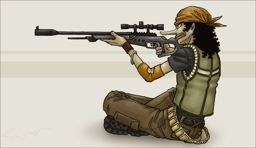 aiming bandana bangle belt black_hair boots bracelet bracer curly_hair earrings elbow_pads gun indian_style jewelry lips long_nose male_focus one_piece one_piece:_strong_world rifle scope sitting sniper_rifle solo syb tongue tongue_out usopp vest weapon