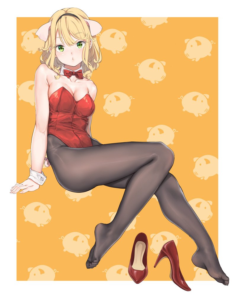 1girl animal_background animal_ears black_legwear border bow bowtie breasts detached_collar fangxiang_cuoluan green_eyes high_heels leotard looking_at_viewer medium_breasts original pantyhose pig pig_ears pig_tail playboy_bunny_leotard red_footwear red_leotard red_neckwear shoes_removed short_hair sitting solo strapless strapless_leotard tail white_border yellow_background