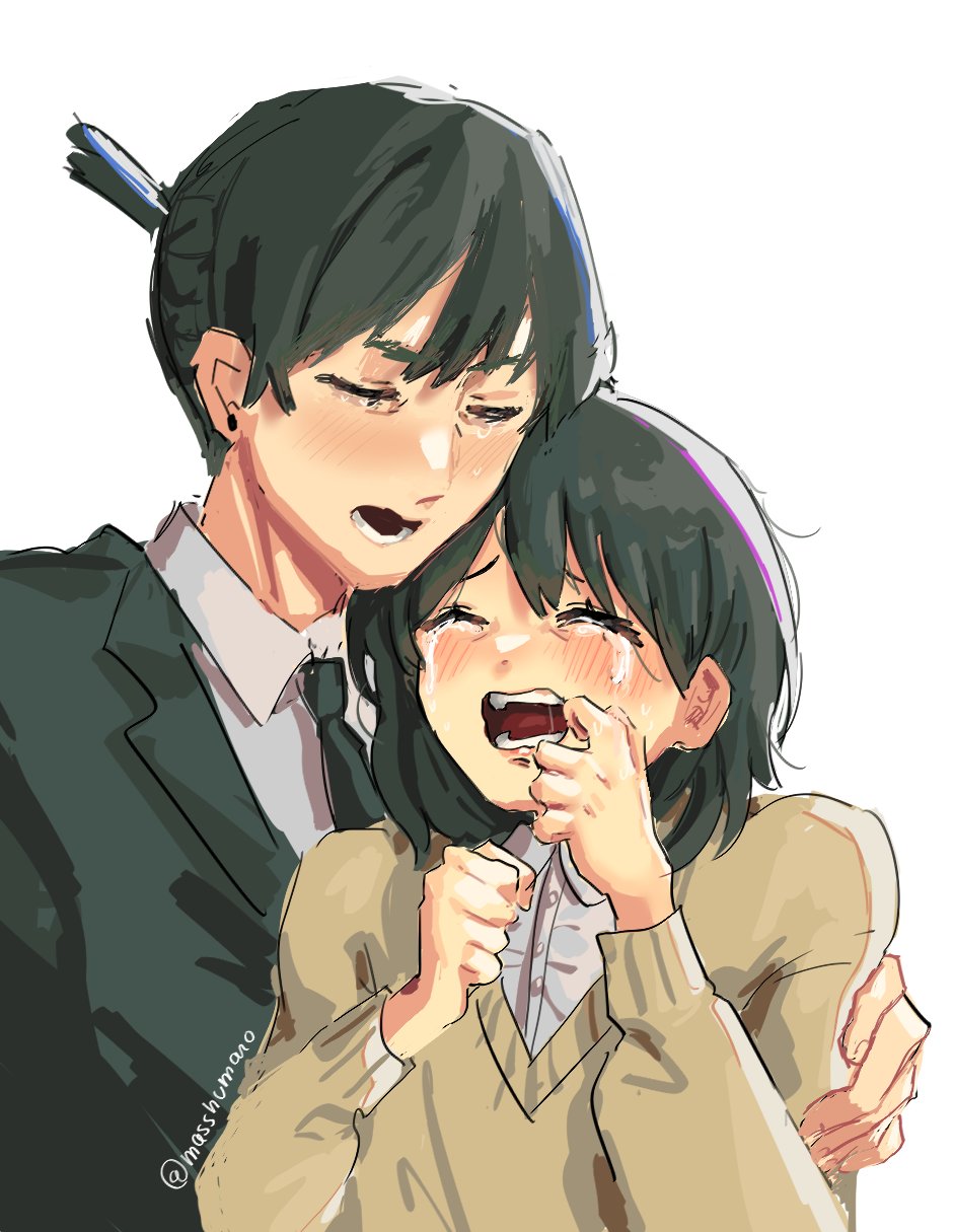 1boy 1girl black_hair black_jacket black_necktie chainsaw_man collared_shirt crying earrings formal hayakawa_aki height_difference highres himeno's_younger_sister_(chainsaw_man) jacket jewelry masshumaro necktie open_mouth sad shirt short_hair simple_background stud_earrings suit sweater sweater_vest topknot twitter_username white_background white_shirt yellow_sweater