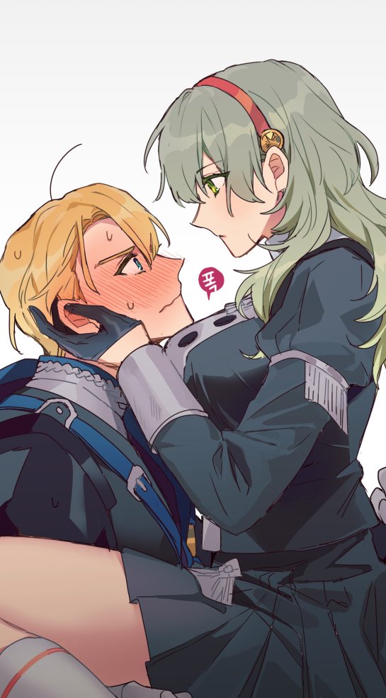 1boy 1girl blonde_hair blue_capelet blue_eyes blush breasts byleth_(fire_emblem) byleth_(fire_emblem)_(female) capelet couple dimitri_alexandre_blaiddyd enlightened_byleth_(female) fire_emblem fire_emblem:_three_houses from_side garreg_mach_monastery_uniform gloves green_eyes hairband half_gloves hand_on_another's_cheek hand_on_another's_face kkomcce large_breasts long_hair looking_at_another parted_hair pleated_skirt sitting sitting_on_person skirt sweat thighs wavy_mouth