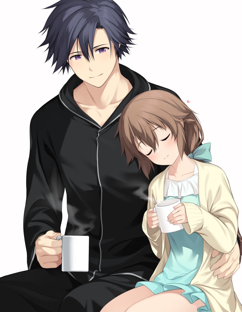 1boy 1girl blue_hair blue_nightgown blush bow brown_hair closed_eyes commentary cup eiyuu_densetsu hair_bow hakuleg hand_on_another's_hip heart holding holding_cup long_hair mug nightgown purple_eyes rean_schwarzer sen_no_kiseki short_hair simple_background smile symbol-only_commentary towa_herschel white_background