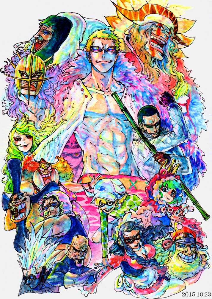 4girls 6+boys apron baby_5 bald bamboo beard black_hair blonde_hair breasts brothers buffalo_(one_piece) cape coat cosplay crown dellinger_(one_piece) diamante donquixote_doflamingo donquixote_rocinante earrings facial_hair feather_coat giolla gladius_(one_piece) goggles green_hair horns jewelry kigurumi lao_g long_hair looking_at_viewer machvise maid_apron mawari28 monet_(one_piece) multicolored_background multicolored_hair multiple_boys multiple_girls muscular muscular_male navel one_piece open_clothes pica pink_coat purple_hair senor_pink shirt short_hair siblings smile spiked_helmet sugar_(one_piece) sunglasses traditional_media trafalgar_law trebol vergo white_headwear white_shirt