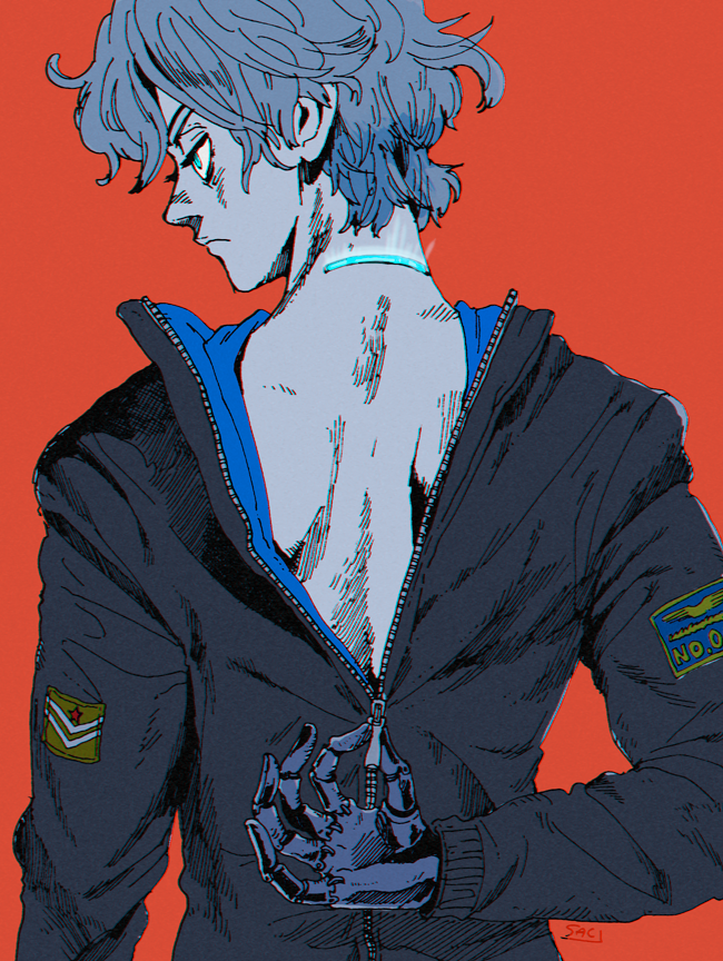 1boy arm_behind_back back back_focus blue_eyes from_behind frown jacket kaneoya_sachiko looking_away male_focus mechanical_arms original profile red_background short_hair shoulder_blades solo undressing unzipping wavy_hair zipper