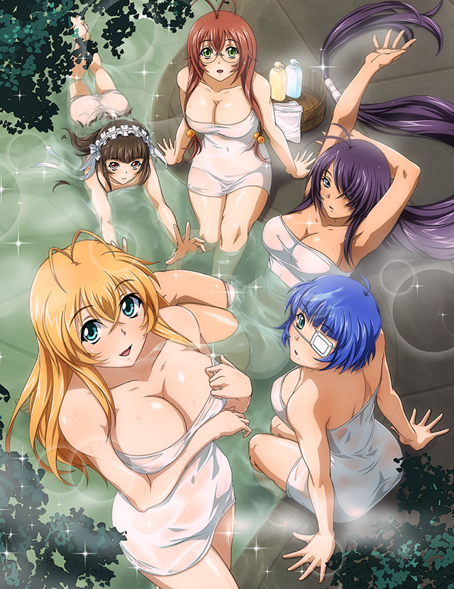 5girls :d absurdly_long_hair antenna_hair arm_behind_head arm_up armpits bare_arms bare_legs blonde_hair blue_hair bow breasts brown_eyes brown_hair cleavage closed_mouth collarbone covered_navel eyepatch fang floating_hair green_eyes grey_eyes hair_bobbles hair_bow hair_ornament hair_ribbon ikkitousen kan'u_unchou large_breasts lens_flare long_hair looking_at_viewer looking_up multiple_girls naked_towel open_mouth purple_hair ribbon ryomou_shimei ryuubi_gentoku shiny shiny_hair smile sonsaku_hakufu sparkle ten'i_(ikkitousen) towel very_long_hair white_bow white_ribbon