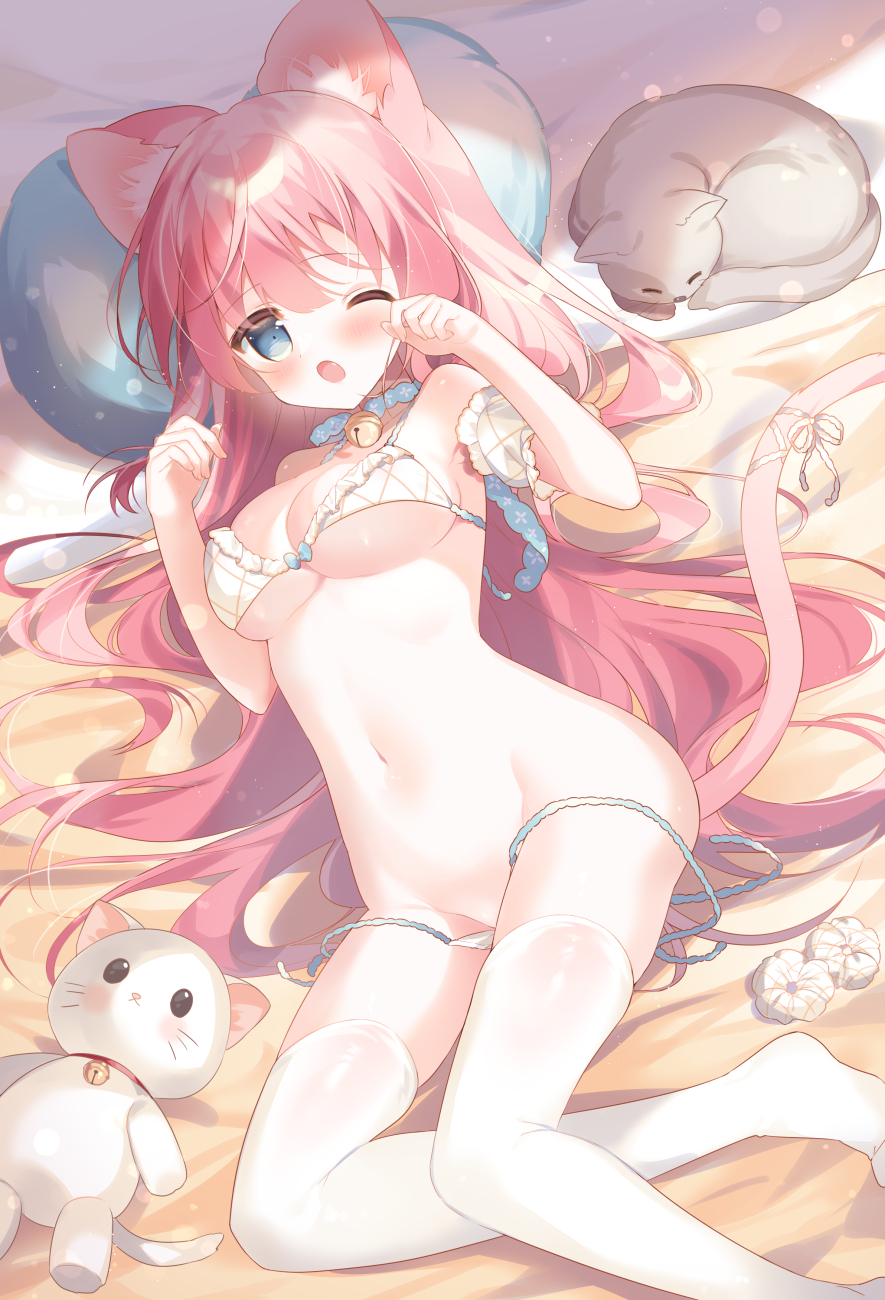 1girl animal_ear_fluff animal_ears bare_shoulders bell blue_eyes blush bra breasts cat cat_ears cat_girl cat_tail commentary_request feet_out_of_frame frilled_bra frills hands_up highres long_hair looking_at_viewer lying medium_breasts navel neck_bell no_shoes norn_(norncoco) on_back one_eye_closed open_mouth original panties red_hair side-tie_panties solo stuffed_animal stuffed_cat stuffed_toy tail thighhighs underwear underwear_only untied untied_panties very_long_hair white_bra white_panties white_thighhighs