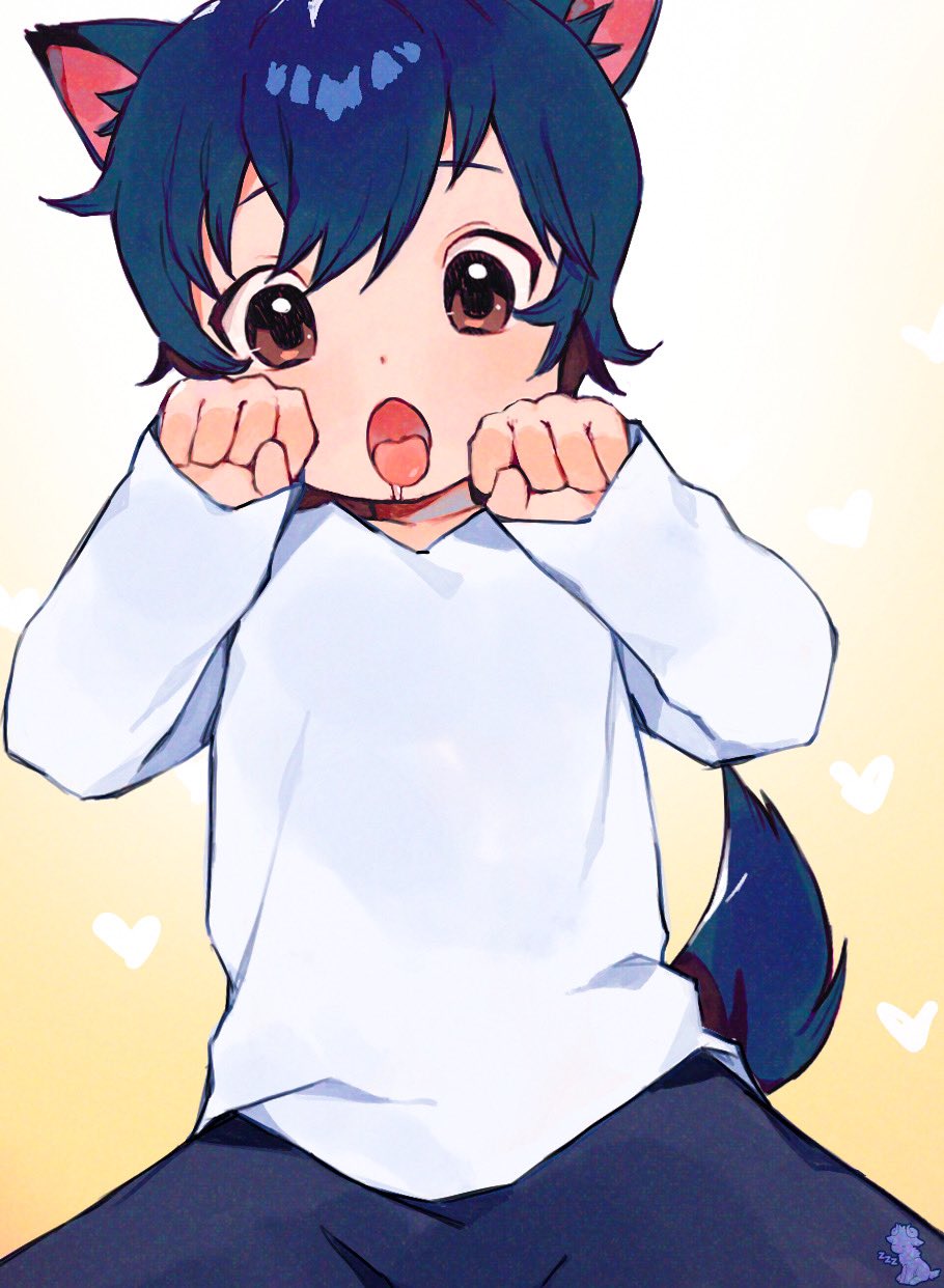 1boy animal_ears blue_hair brown_eyes character_request child commentary copyright_request english_commentary heart highres long_sleeves looking_at_viewer male_child male_focus open_mouth shirt tail thebrushking white_shirt wolf_boy wolf_children wolf_cub